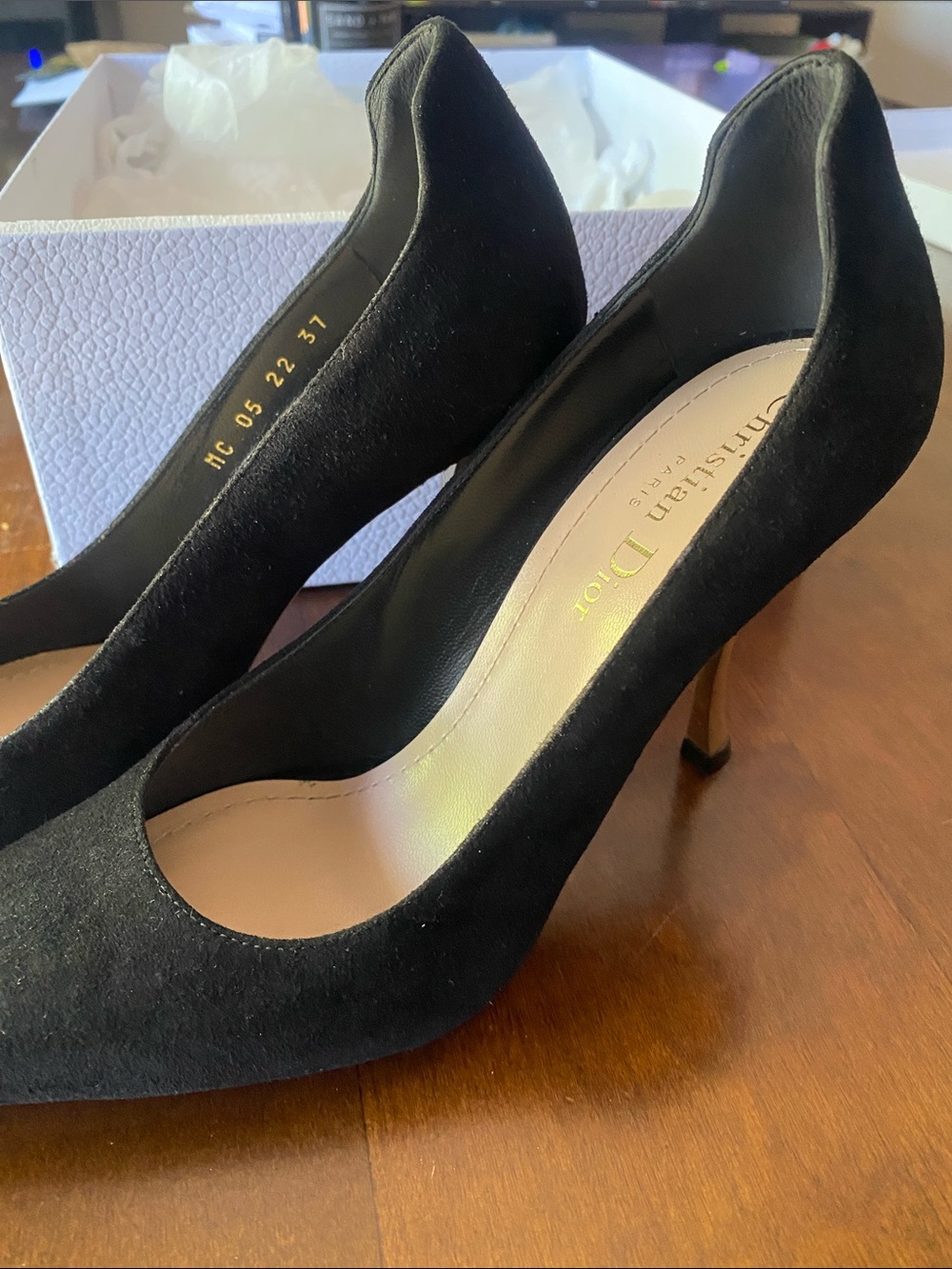 Dior Black Suede Pointed-Toe Stiletto Heels with Gold Heel - Picture 7 of 15